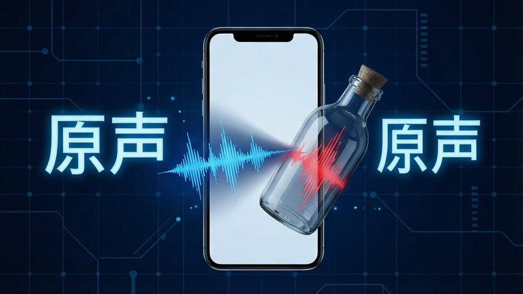 一张展示AI音轨分离概念的创意图片。画面中央是一部手机,屏幕里飞出一条蓝色的人声波形和一条红色的音乐波形,分别被装进两个透明的玻璃瓶中。背景是深蓝色的科技网格,上面漂浮着“原声”两个字的中文发光字体。风格偏向赛博朋克与极简科技感,细节精致,画质高清,干净无杂乱元素。