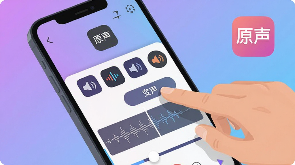 一张展示手机音频编辑界面的图片。画面中一只手正在点击屏幕上的“变声”按钮,屏幕上显示着各种声音特效图标,旁边有“原声”APP的Logo。背景是柔和的紫色与蓝色渐变,风格为清新扁平化设计,细节包括波形图和调节滑块。画质清晰,无多余元素。