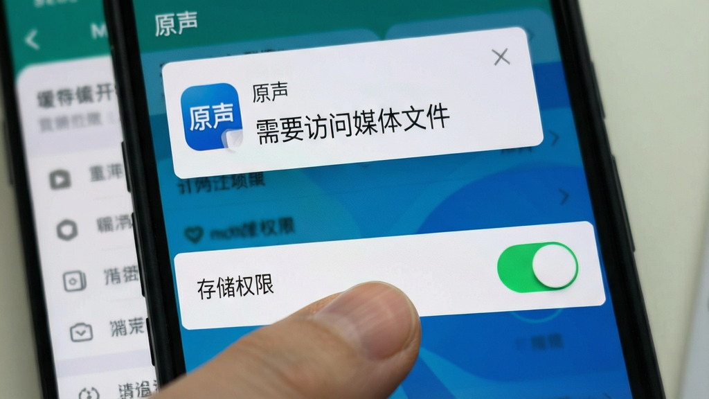 一张展示手机清理缓存与权限设置的截图风格图片。画面中手指正点击“存储权限”开关,屏幕上方有“原声”APP的提示弹窗“需要访问媒体文件”。背景是手机设置菜单的模糊虚化,风格为实用教程风,画质清晰,重点突出权限按钮。
