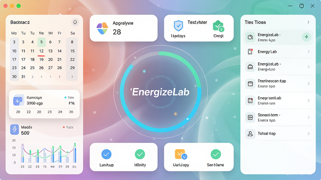 EnergizeLab软件主界面全景展示,中心位置放置能量环形进度条,周围环绕日程卡片与习惯打卡图标,布局采用左右分栏结构,左侧为数据面板右侧为任务列表,排版整齐清晰,风格为现代简约科技感,细节包括柔和渐变背景、圆角卡片、纤细图标线条,画质高清干净无多余元素,图片中央标注文字