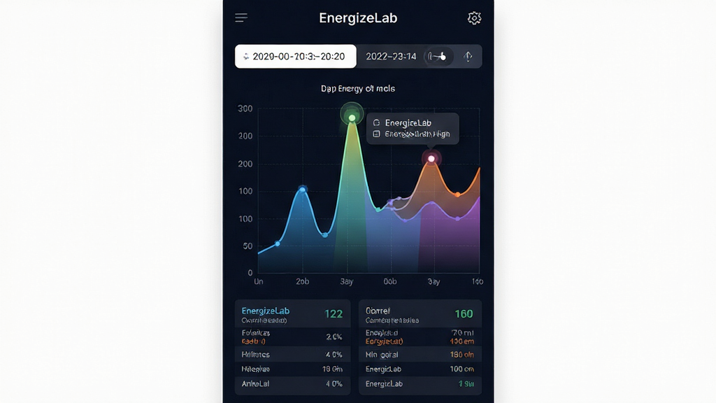 EnergizeLab智能能量监测功能界面截图,主体为动态折线图展示全天能量变化趋势,布局上方为日期切换栏下方为详细数据标注,排版采用纵向流式结构,风格为清爽数据可视化,细节包含高亮峰值点、渐变填充区域、悬浮提示框,画质高清干净无多余元素,图表上方标注文字
