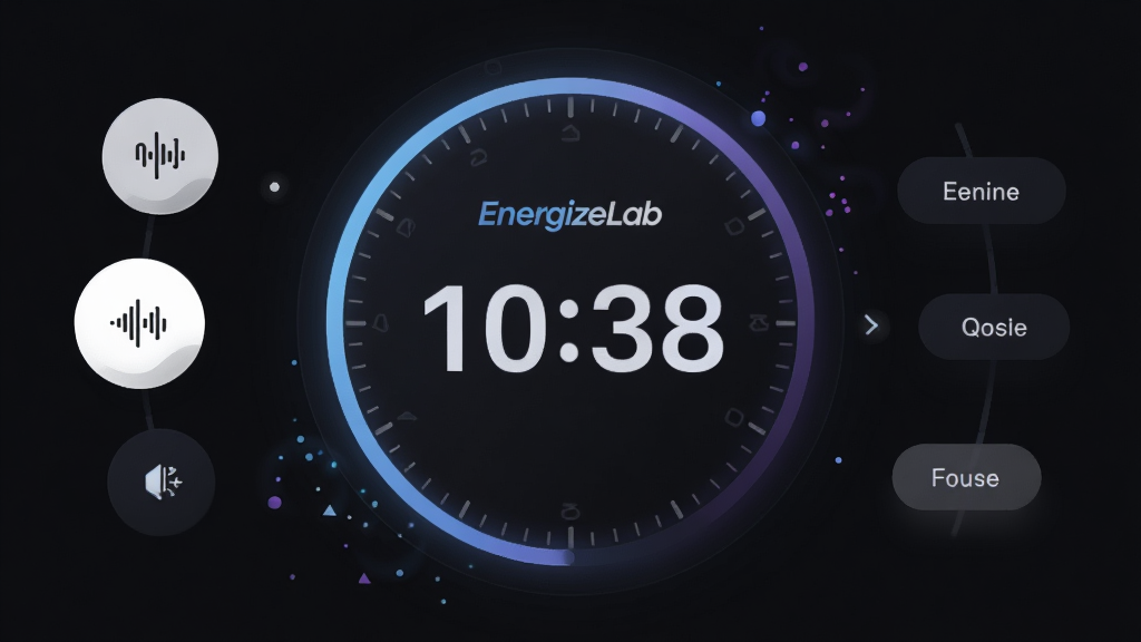 EnergizeLab专注计时工具界面,主体为大型圆形倒计时器,周围环绕白噪音选择按钮与专注标签,布局采用居中对称结构,排版简洁明了,风格为暗色沉浸式设计,细节包含发光边缘、微动效粒子、极简图标,画质高清干净无多余元素,计时器中央标注文字