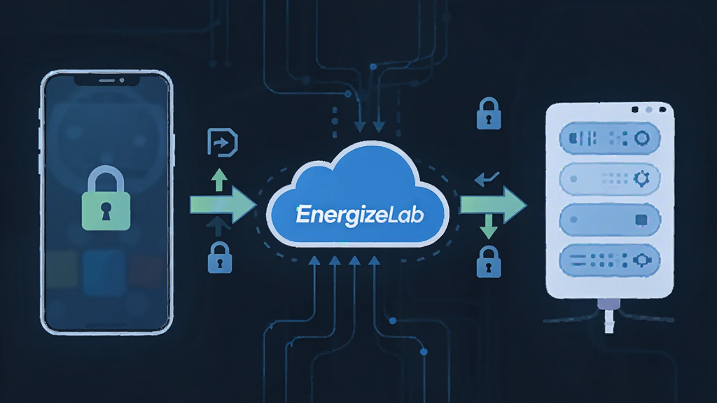 EnergizeLab数据同步与备份功能示意图,画面展示手机与云端服务器之间的数据流动,布局为左右设备加中间云朵图标,排版横向延展,风格为扁平化科技风,细节包括加密锁图标、同步箭头、设备轮廓,画质高清干净无多余元素,云朵下方标注文字