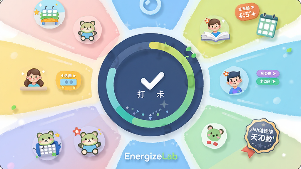 EnergizeLab习惯养成计划页面,画面中央为圆形打卡进度环,周围散布习惯图标与连续天数徽章,布局采用中心辐射式排列,排版活泼有序,风格为活力清新插画风,细节包括柔和阴影、彩色标签、勾选动画效果,画质高清干净无多余元素,底部标注文字