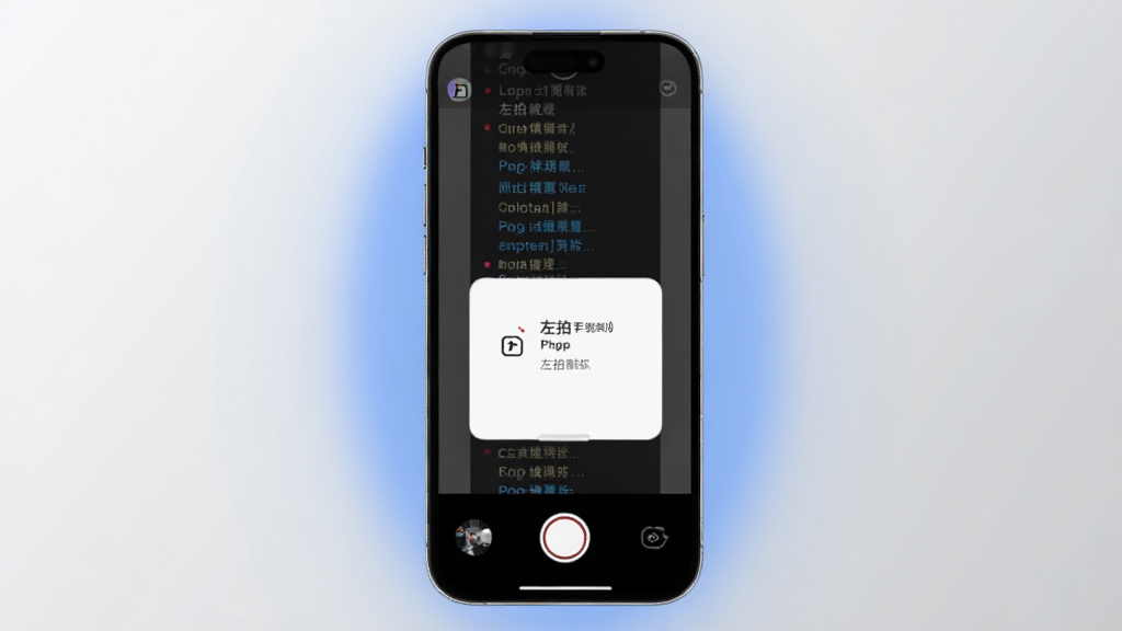 一张展示左拍App主界面的手机样机图,画面中央是手机屏幕,屏幕内显示左拍提词器悬浮窗正在拍摄界面中滚动台词,手机周围有柔和的蓝色光晕,背景为简洁的浅灰色渐变,整体风格现代科技感,细节清晰,画质干净,无多余元素