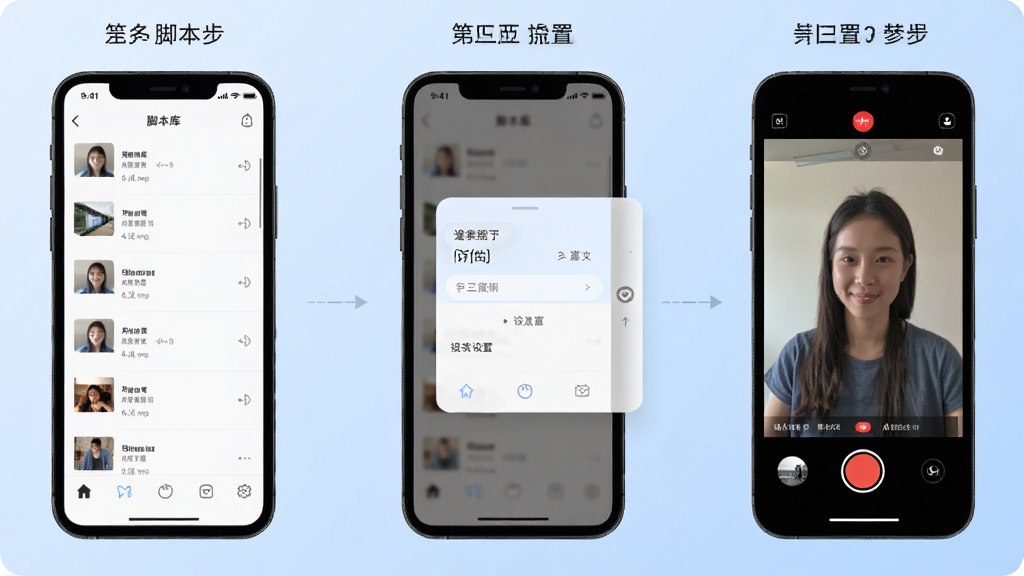 左拍App操作流程图解风格图,画面分为三个步骤展示,第一步手机屏幕显示脚本库列表,第二步显示悬浮提词设置面板,第三步显示拍摄界面正在录制,三个手机样机并排排列,背景为浅蓝色渐变,风格简洁商务,画质清晰,无多余元素