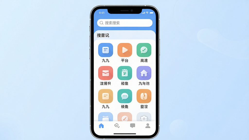 一张展示九九平台移动端主界面的场景图,画面中央是一部竖屏智能手机,手机屏幕上显示九九平台的应用首页,包含顶部搜索栏、中部功能图标网格和底部导航菜单,整体布局简洁清晰,背景为浅蓝色渐变,风格为现代扁平化UI设计,细节上图标圆润、字体清晰,画质干净明亮,无多余元素
