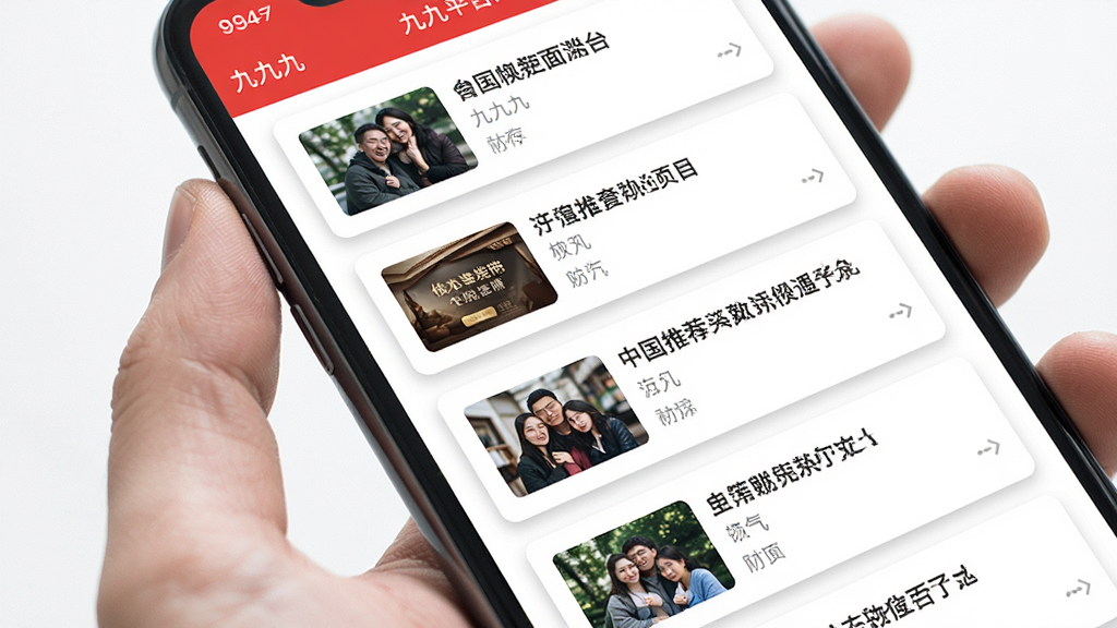 一张展示九九平台个性化推荐功能的生图,画面为手机屏幕特写,屏幕上显示九九平台的内容推荐列表,每条推荐卡片带有缩略图和标题,界面风格为卡片式设计,背景为纯白色,细节上卡片带有轻微阴影、文字排列整齐,画质清晰干净,无多余装饰