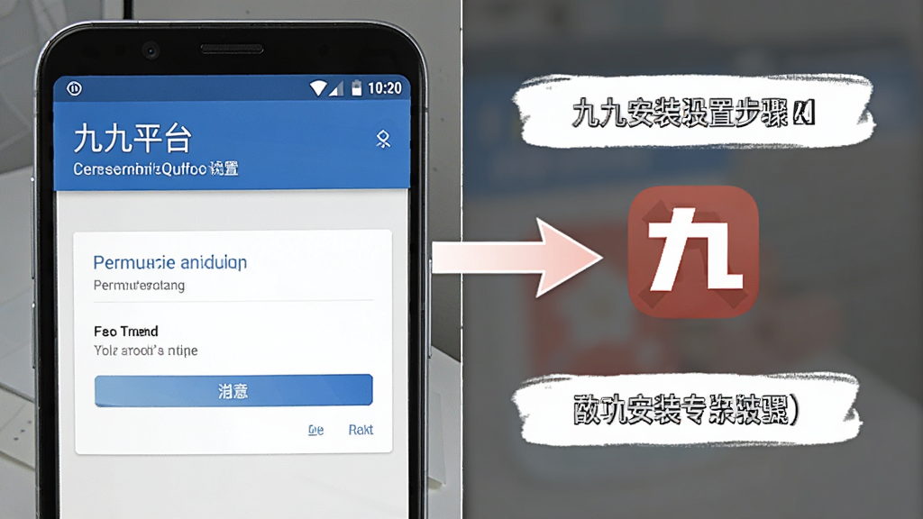 一张展示九九平台安装设置步骤的AI生图,画面为手机屏幕截图风格,屏幕上显示安卓系统的权限设置界面,旁边有箭头指向九九平台的应用图标,整体布局为左右分栏式说明图,风格为简洁教程插画,细节上界面元素清晰、标注明确,画质干净,无多余文字堆砌