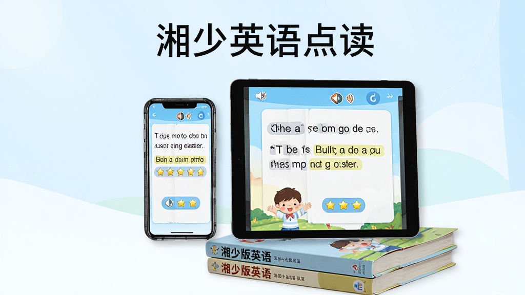主体为一部智能手机和一台平板电脑并排展示,屏幕上显示湘少英语点读APP的课本点读界面,界面中有英语课文句子和发音按钮;布局为居中对称,设备下方有湘少版英语教材实体书叠放;排版简洁,上方留白处写有