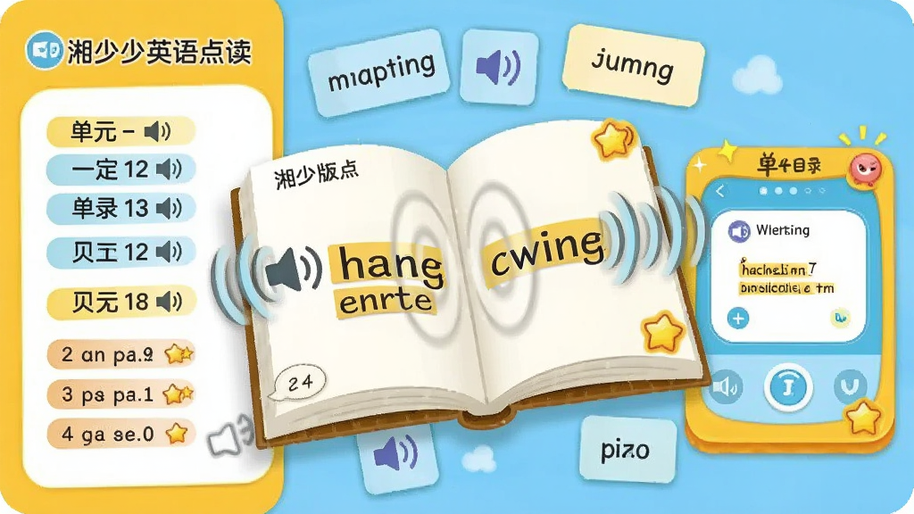 主体为一本翻开的湘少版英语课本悬浮在画面中央,课本页面上的英语句子发出声波纹理;布局为课本居中,周围环绕单词卡片和发音图标;排版左侧显示单元目录,右侧显示点读交互界面;风格为卡通教育插画风,暖黄色与天蓝色搭配;细节包括扬声器符号、句子高亮框、页码标签、小星星奖励图标;画质清晰干净,画面中文字为