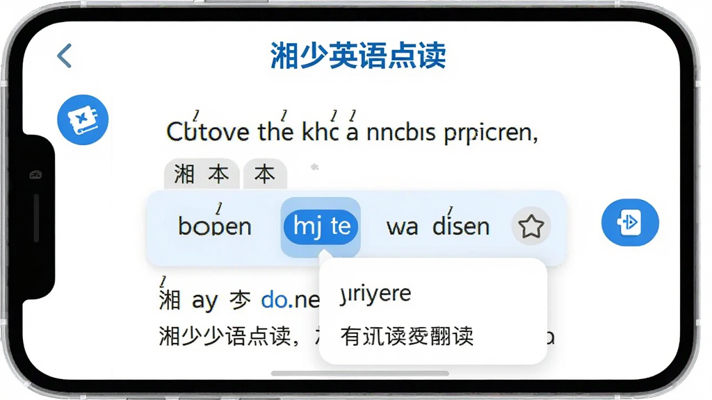 主体为手机屏幕特写,显示湘少英语点读的课文页面,英文句子下方有中文翻译浮层,一个单词被长按弹出释义卡片;布局为手机居中,左侧有单词本图标,右侧有翻译开关按钮;排版简洁,上方写有
