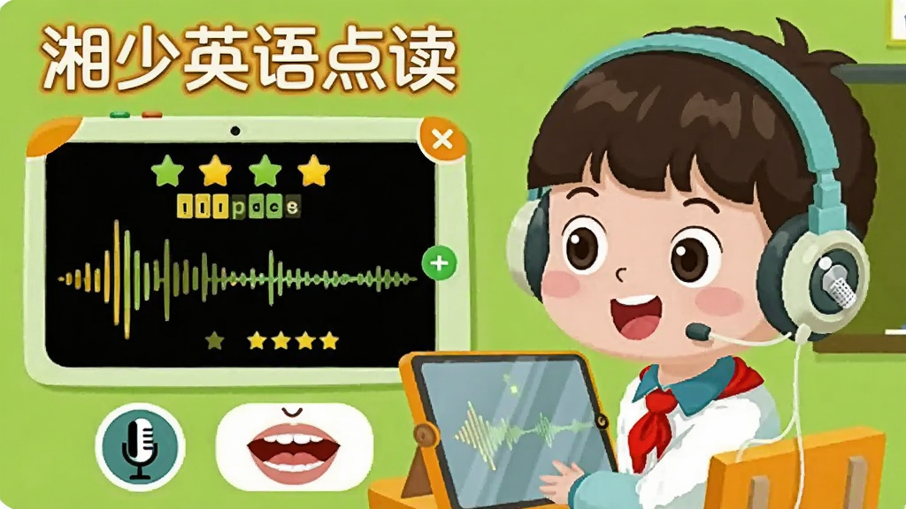 主体为一个卡通小学生戴着耳机对着平板电脑跟读英语,屏幕上显示发音波形和评分星星;布局为学生位于画面右侧,左侧为评分面板和发音示意图;排版上方写有