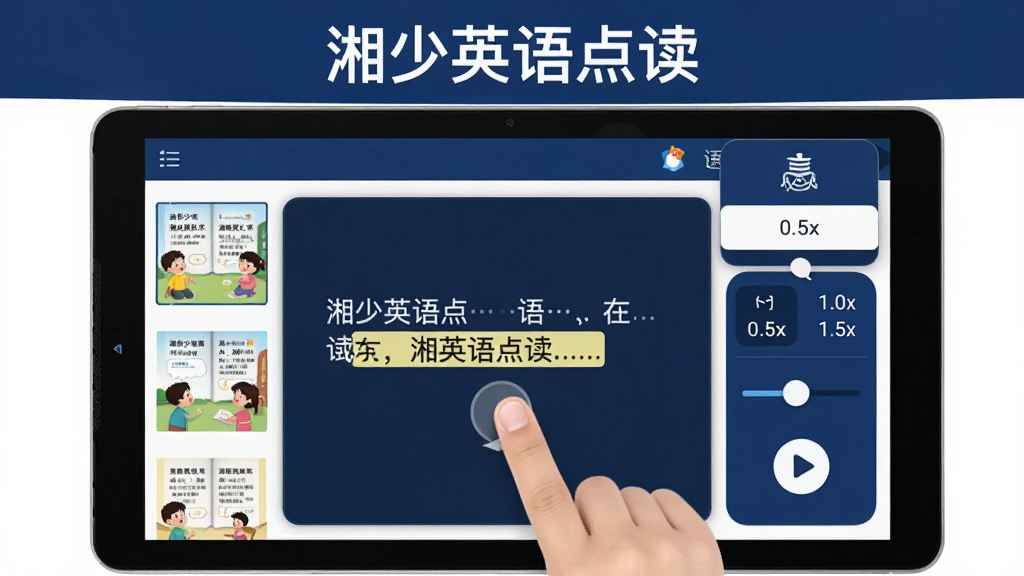 主体为一台横放的安卓平板电脑,屏幕上显示湘少英语点读APP的点读界面,右上角有一个展开的语速调节菜单,显示0.5x、1.0x、1.5x等选项;布局为平板居中,左侧有课本插图缩略图,右侧有语速调节面板特写;排版上方写有