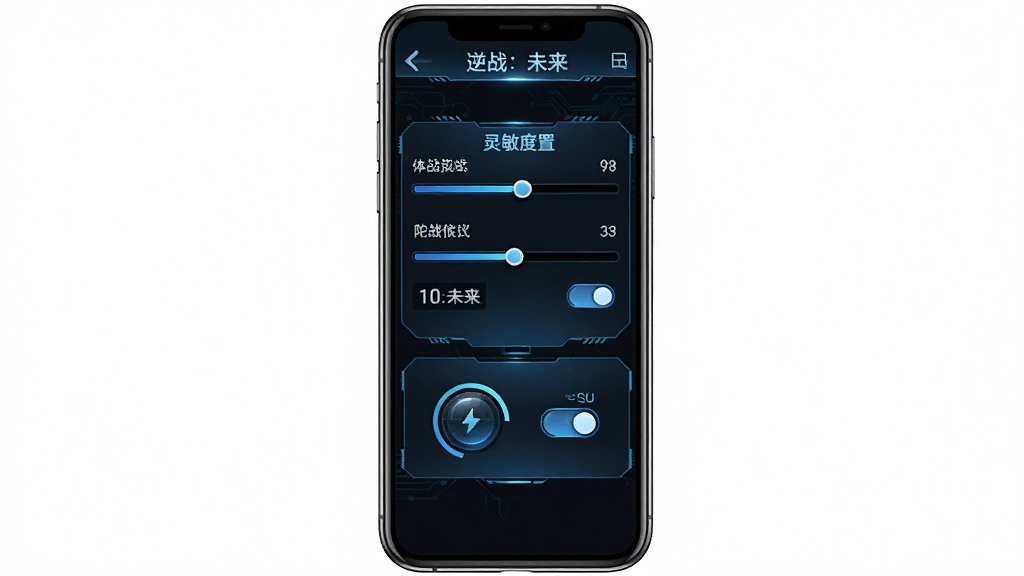 一张手机游戏设置界面示意图,画面主体为逆战未来的灵敏度设置面板与陀螺仪开关,布局为竖屏手机展示,排版为UI截图风格,风格为科技蓝黑配色,细节包括滑动条、开关按钮、数值显示,画质为高清、干净无多余元素,图中带有文字