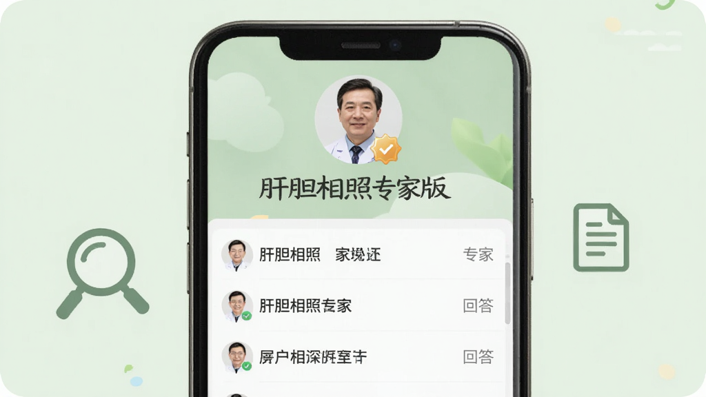 手机屏幕展示“肝胆相照专家版”问答界面,上方有专家头像和认证标识,下方是用户提问与回答列表,旁边配有放大镜和文档图标,背景为淡绿色,风格温和专业,文字清晰显示“肝胆相照专家版”,画质干净,无多余元素