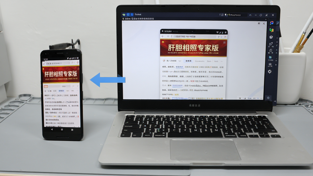 画面展示一部安卓手机和一台笔记本电脑并排摆放,手机屏幕显示“肝胆相照专家版”论坛页面,电脑屏幕显示模拟器运行同一应用,中间有箭头表示数据同步,背景为简洁的浅灰色工作台,风格清晰实用,文字准确显示“肝胆相照专家版”,画质干净,无多余元素
