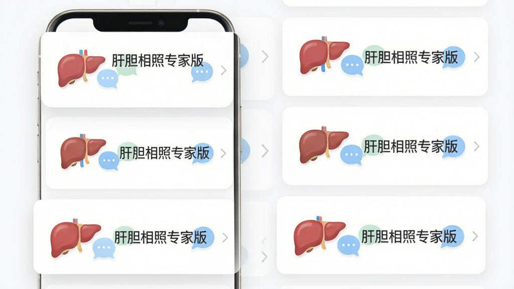 一部手机竖屏显示“肝胆相照专家版”论坛列表页面,页面中排列多个版块入口,每个入口配有肝脏图标和对话气泡,背景为白色卡片式布局,画面风格清新简约,文字清晰显示“肝胆相照专家版”,画质干净,无多余元素