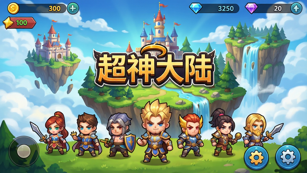 一张奇幻风格的游戏主界面截图,画面中央是超神大陆游戏标题,背景为漂浮在云端的幻想大陆,有城堡、森林和瀑布,前景展示多位Q版英雄角色列队站立,整体色调明亮鲜艳,风格为韩系卡通渲染,布局采用经典手游竖版界面,顶部显示资源栏,底部为功能按钮,细节包含金币、钻石图标和等级标识,画质高清,干净整洁,无多余元素