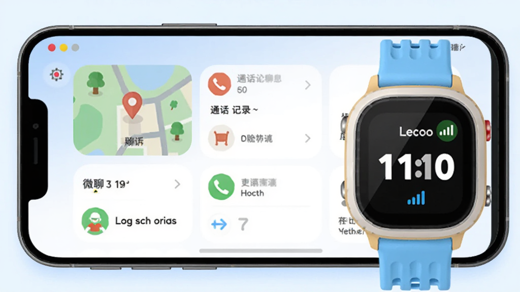 画面中央展示一部智能手机,屏幕上显示Lecoo电话手表的应用界面,界面中包含地图定位、通话记录、微聊消息等模块,手机旁边放置一块儿童电话手表,手表屏幕亮起显示时间与信号图标,背景为淡蓝色渐变,布局简洁对称,风格为现代科技感扁平插画,细节包含圆角图标、柔和阴影、清晰的功能分区,画质高清,干净,无多余元素。