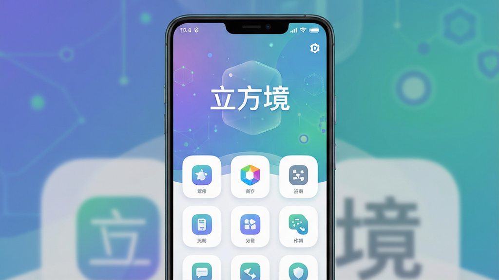 一张展示「立方境」软件主界面的手机预览图,画面中央是一部竖屏安卓手机,屏幕上显示立方境应用首页,主体突出软件名称「立方境」和简洁的功能图标布局,排版居中,风格为现代科技感UI设计,细节包括圆角图标、渐变背景、状态栏信号与电量,画质高清,干净,无多余元素