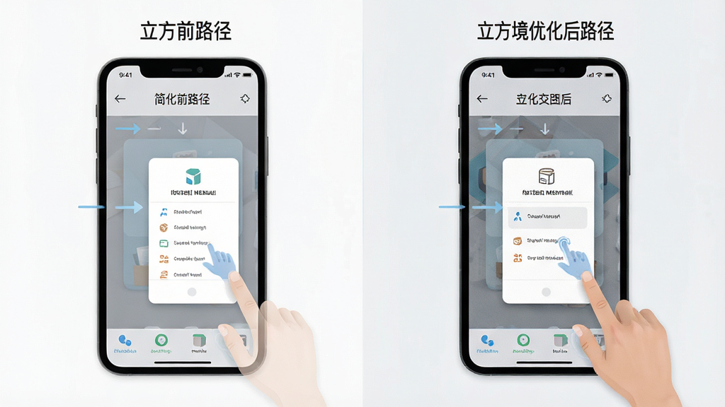 一张「立方境」极简交互设计示意图,主体为手机屏幕展示立方境应用的多层级菜单与滑动操作手势,布局采用左右分栏对比,左侧为简化前路径,右侧为立方境优化后路径,风格为扁平化信息图,细节包含箭头引导、图标示意、手势轨迹,画质清晰,干净,无多余元素