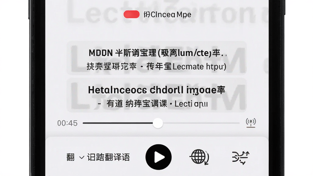 有道留学听课宝LectMate实时翻译界面特写,画面主体为手机屏幕显示中英双语字幕上下排列,顶部有录音状态指示,底部有翻译语言选择栏,布局为竖屏手机界面,风格简洁现代,细节包含时间轴、播放按钮、语言切换图标,画质清晰干净无多余元素