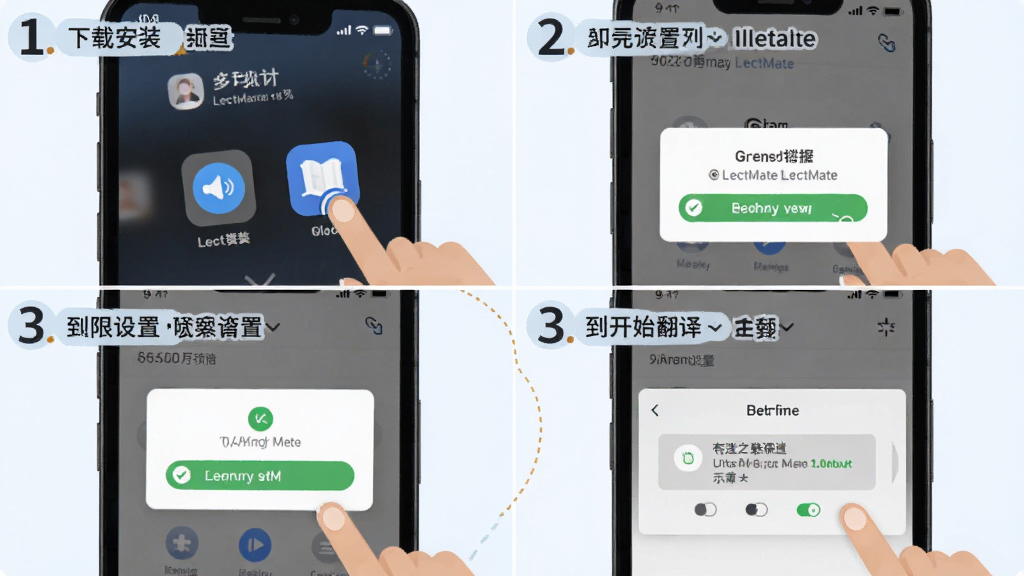 有道留学听课宝LectMate新手操作示意图,画面展示手机屏幕分步操作流程,从下载安装到权限设置再到开始翻译,布局为四格步骤图,风格为扁平化教程风,细节包含手指点击图标、权限弹窗、翻译界面,画质清晰干净无多余元素