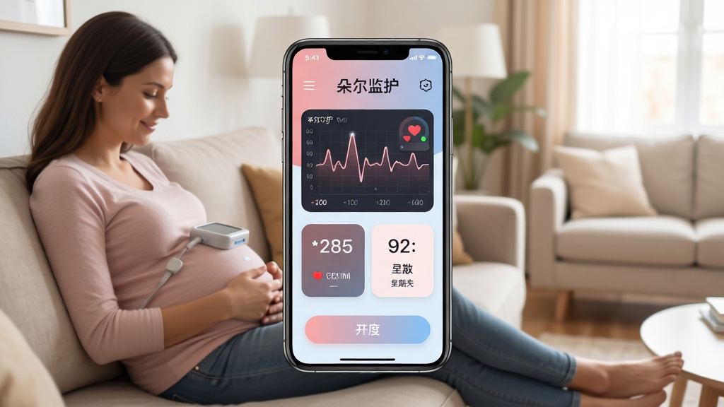 画面中央是一部智能手机,屏幕上显示着“朵尔监护”的应用程序界面,界面以柔和的粉蓝色调为主,包含胎心曲线图、心率数值和孕期周数卡片。手机周围环绕着孕妇坐在家中沙发上使用监护设备的温馨场景,背景是明亮整洁的客厅。整体风格温暖、专业、医疗科技感,细节包括清晰的数据图表和简洁的按钮图标,画质高清,画面干净,无多余元素。