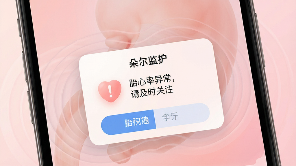 画面中央是一部手机,屏幕上弹出一个“朵尔监护”的温馨提示弹窗,弹窗内有一个柔和的警示图标和文字“胎心率异常,请及时关注”。手机背景是淡粉色的渐变,周围环绕着柔和的波纹线条。风格温和、警示但不惊悚,细节包括清晰的弹窗按钮和图标,画质高清,画面干净,无多余元素。