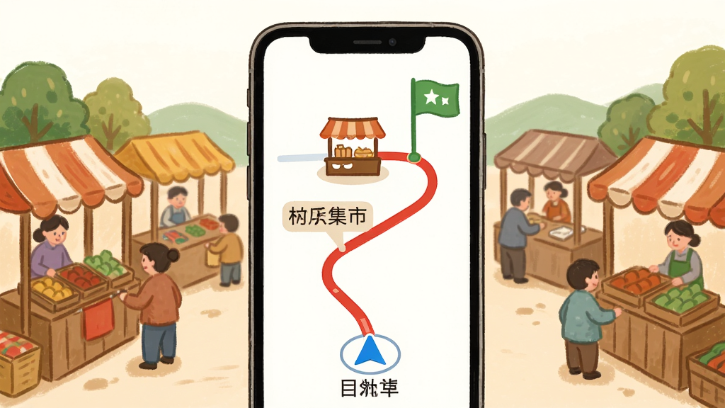农百路赶集路线导航功能展示,画面主体是手机屏幕显示从村庄到集市的导航路线,路线上有集市图标和距离标注,布局为手机屏幕居中,周围环绕乡村集市元素如摊位和人群,风格为温暖手绘插画风,细节包括红色导航线、蓝色当前位置点、绿色目的地旗标,画质高清,干净无多余元素