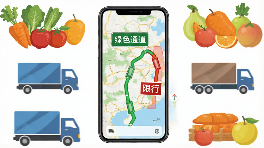 农百路农产品运输通道功能展示,画面主体是手机屏幕显示货车运输路线图,地图上标注绿色通道和限行区域,布局为手机居中,周围环绕农产品元素如蔬菜水果和货车图标,风格为写实扁平混合风,细节包括绿色通道标识、红色限行标识、货车轮廓,画质高清,干净无多余元素