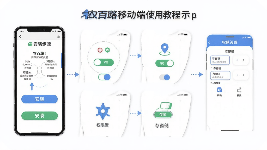 农百路移动端使用教程示意图,画面主体是手机屏幕展示安装步骤和权限设置界面,布局为多步骤流程图排列,风格为简约教程插画风,细节包括安装按钮、权限开关、定位图标、存储选择界面,画质高清,干净无多余元素