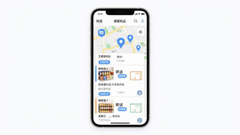 懒时便利软件界面截图,画面展示一部手机屏幕,屏幕中显示附近便利店列表和地图定位标记,主体为手机与界面,布局为居中展示,排版简洁,风格为科技感扁平化设计,细节包括蓝色定位图标、商家卡片、距离标签,画质高清,干净,无多余元素。