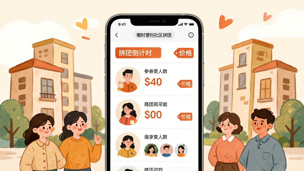 懒时便利社区拼团界面展示图,画面主体为手机屏幕显示拼团商品列表和参团人数,周围环绕社区楼房与邻居人物简笔插画,布局为居中环绕式,排版活泼,风格为温暖插画风,细节包括拼团倒计时、价格标签、头像组,画质高清,干净,无多余元素。