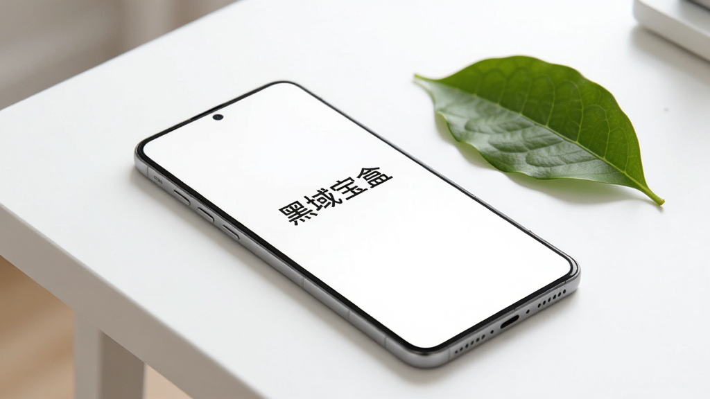 一张AI生成的图片,展示一部轻薄手机放置在白色桌面上,手机屏幕显示“黑域宝盒”的简洁主界面,界面无任何广告横幅,背景为纯白色,手机旁边有一片绿叶,象征轻盈与清爽,整体风格极简清新,光线明亮,画质干净,构图简洁