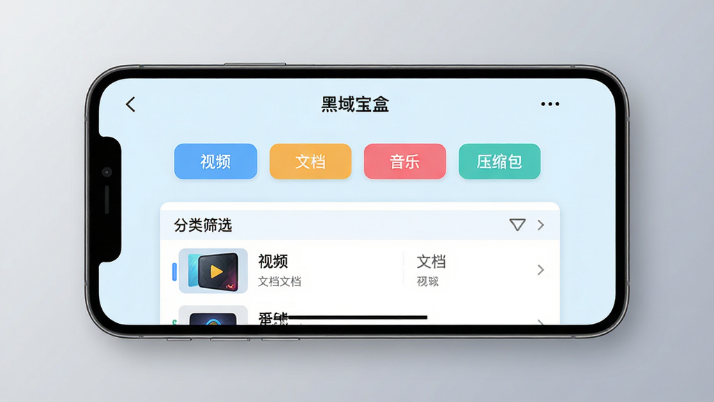 一张AI生成的图片,展示“黑域宝盒”软件内部的分类筛选界面,屏幕中央有多个彩色标签按钮,分别标注“视频”“文档”“音乐”“压缩包”等字样,下方是经过筛选后的结果列表,界面风格扁平化设计,配色清新,以浅蓝和白色为主,手机横置在画面中央,背景为柔和的渐变灰色,画质细腻,无多余装饰