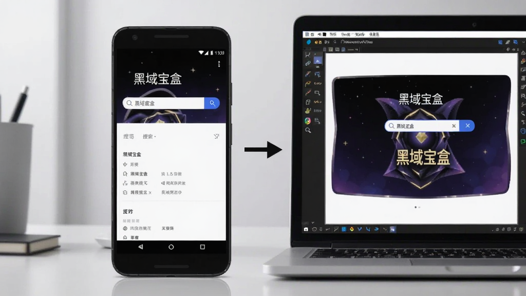一张AI生成的图片,画面展示一部安卓手机和一台笔记本电脑并排摆放,手机屏幕显示“黑域宝盒”搜索界面,电脑屏幕显示安卓模拟器运行同一软件,两者之间有一个箭头连接,象征移动端与电脑端互通,背景为浅灰色办公桌面,风格简洁商务,画质清晰,无多余元素