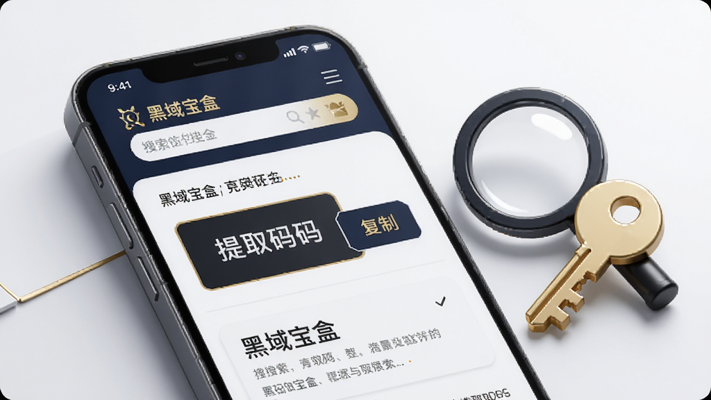 一张AI生成的图片,画面中一部手机屏幕显示“黑域宝盒”的搜索结果详情页,页面中有一个醒目的提取码框,旁边有“复制”按钮,手机旁边有一个放大镜和一把钥匙的图标组合,象征密码解锁,整体风格简洁商务,以深蓝色和金色点缀,背景干净,画质高清,无多余元素