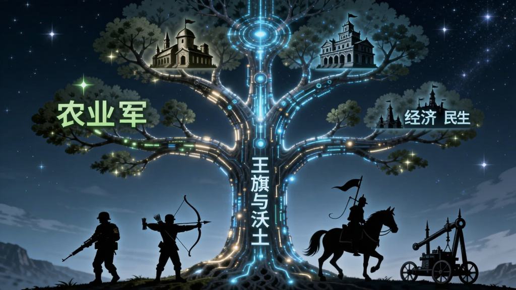 画面中央是一棵发光的科技树,树干上写着“王旗与沃土”,树枝分为农业、军事、经济与民生四个方向,树下站着步兵、弓手、骑兵与攻城器械的剪影,布局采用竖向构图,风格为奇幻科技插画,细节包括科技树的光效、兵种剪影的轮廓、背景的星空,画质清晰干净,无多余元素