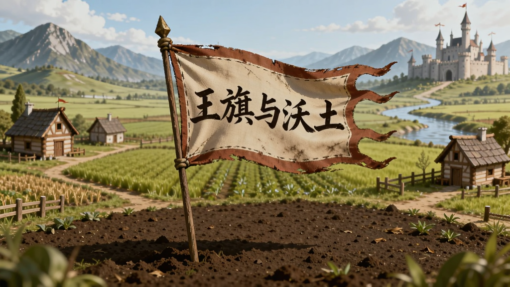 画面中央是一面古朴的旗帜插在肥沃的土地上,旗帜上写着“王旗与沃土”,四周环绕着农田、木屋、河流与远山,布局采用横幅构图,风格为写实与手绘结合的奇幻插画,细节包括旗帜的纹理、土地的颗粒感、远处的城堡轮廓,画质清晰干净,无多余元素