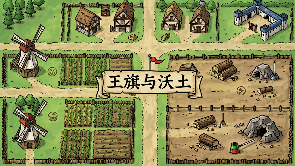 画面展示一片规划整齐的中世纪风格领地,画面中央有“王旗与沃土”字样,左侧是农田与风车,右侧是伐木场与矿场,后方是民居与兵营,布局采用俯视视角,风格为清新手绘插画,细节包括建筑纹理、道路走向、资源图标,画质清晰干净,无多余元素