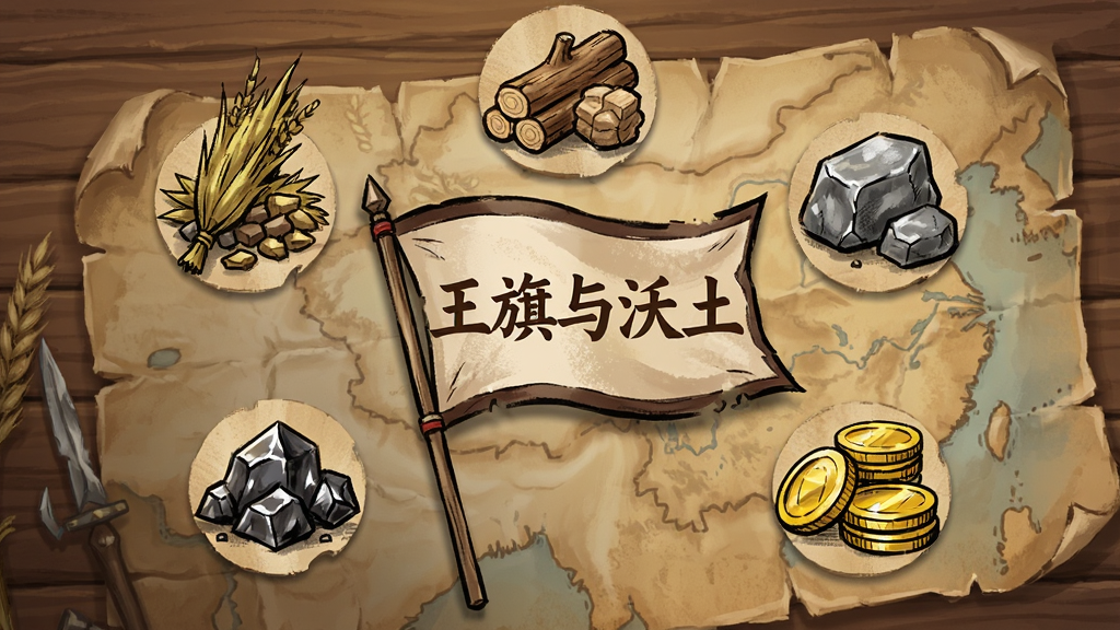 画面以“王旗与沃土”为核心文字,展示粮食、木材、石料、铁矿与金币五种资源图标环绕在中央旗帜周围,背景为木质桌面与羊皮纸地图,布局采用环形排版,风格为复古手绘,细节包括资源图标的质感、地图的褶皱、桌面的纹理,画质清晰干净,无多余元素