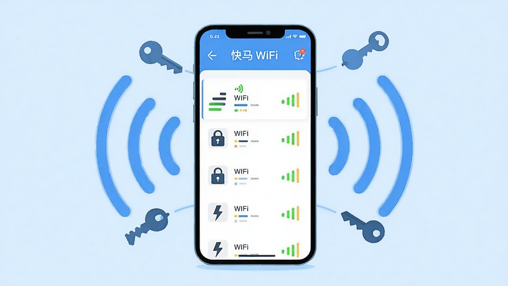 �����������һ�������ֻ����ֻ���Ļ��ʾ����WiFiӦ�������棬����������չʾ�ܱ�WiFi�б����ź�ǿ��ͼ�꣬�ֻ���Χ�����������źŲ��ƺ�Կ��ͼ�꣬����Ϊǳ��ɫ���䣬���ּ����У����Ϊ��ƽ���Ƽ��廭��ϸ�ڰ����źŸ�����ͼ�ꡢ������ٷ��ţ����ʸ��壬�ɾ����޶���Ԫ�ء�