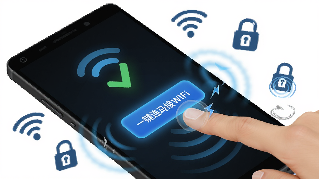 ��������Ϊһ����׿�ֻ�����Ļ����ʾ����WiFi��һ�����Ӱ�ť����ָ�����˲�䣬��ť��Χɢ������ɫ��â��������ţ�������Ư���Ŷ��WiFi�ź�ͼ���������ͼ�꣬����Ϊ�Խ��߹�ͼ�����Ϊ�ִ��Ƽ���UI�廭��ϸ�ڰ�����ָ�����Ч�����ӳɹ��Թ����źŲ�����ɢ�������������ɾ����޶���Ԫ�ء�