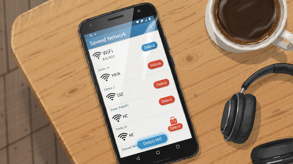 һ����׿�ֻ�ƽ���������ϣ���Ļ��ʾ����WiFi���ѱ�������������棬�������ж��WiFi���ƺ�ɾ����ť���ֻ��Ա߷���һ�����Ⱥ�һ������������Ϊľ�����棬����Ϊ�����ӽǣ����Ϊ�����Ʒ��Ӱ�廭��ϸ�ڰ�����Ļ���⡢��ť�������б����������ʸ��壬�ɾ����޶���Ԫ�ء�