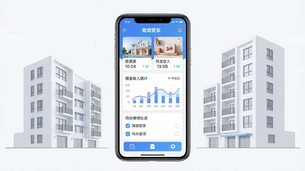 寓喵管家手机应用主界面展示,画面中央是一部智能手机,屏幕上显示公寓管理仪表盘,包含房源卡片、租金收入统计图表和待办事项列表,背景是简洁的现代公寓楼轮廓,整体布局清晰,排版以手机屏幕为中心,风格为扁平化科技感,细节包括图标按钮和数字标签,画质高清,画面干净,无多余元素
