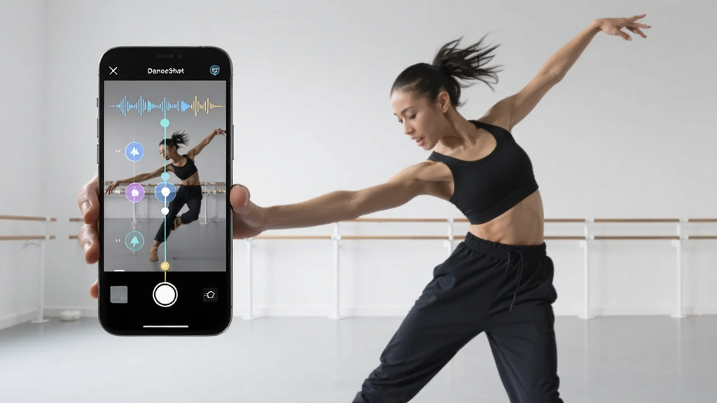 ��������չʾһλ��������ʹ���ֻ������赸��Ƶ���ֻ���Ļ��ʾDanceShot�������棬�����������ֲ��κͶ��������ǣ�����Ϊ��Լ���赸�����ң����Ϊ�ִ��Ƽ��У�ϸ�ڰ������ߵĶ�̬���ƺ���Ļ�ϵĽ���㣬�����������ɾ����޶���Ԫ��