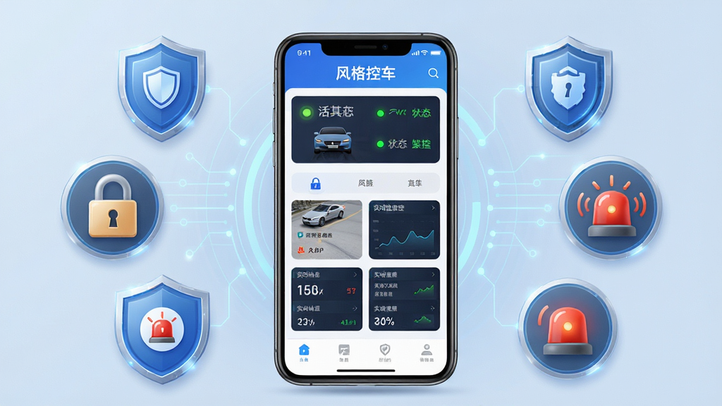 风格控车安全监控功能示意图,主体为风格控车APP安全监控界面展示在手机屏幕上,布局为手机屏幕占据画面中心,周围环绕盾牌、锁、警报等安全图标,排版对称,风格为现代安全科技风,细节包含车辆状态指示灯和实时数据面板,画质清晰,干净无多余元素,图片中文字显示'风格控车安全监控'