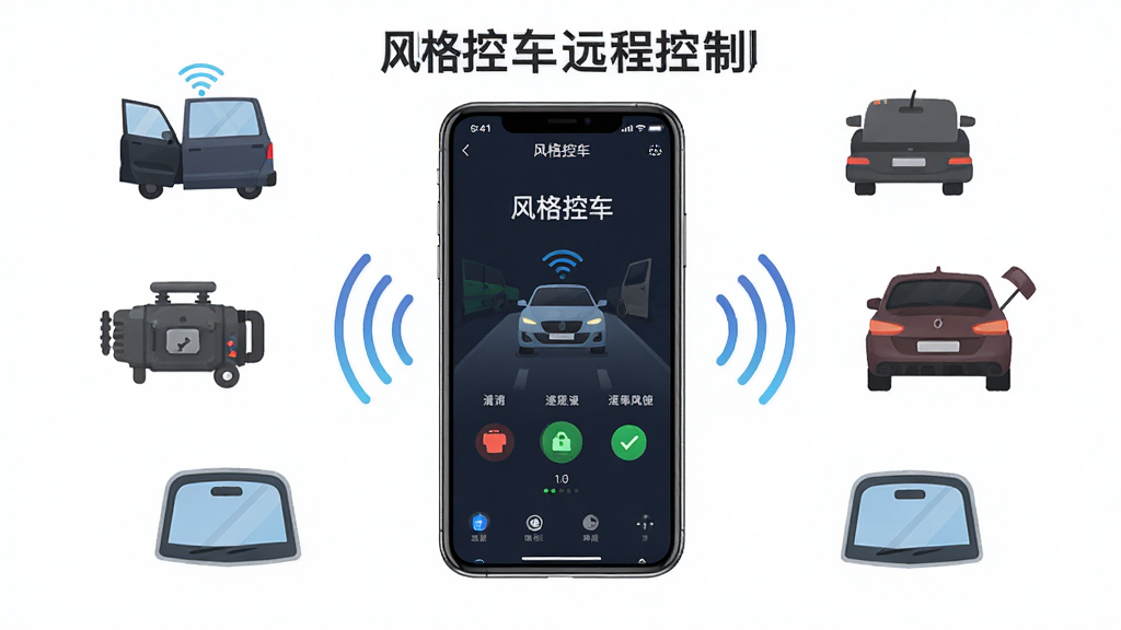 风格控车远程控制功能展示图,主体是一部智能手机显示风格控车APP远程控制界面,布局为手机居中,周围环绕汽车车门、引擎、后备箱、车窗等图标,排版简洁有序,风格为扁平化科技风,细节包含信号波纹和连接状态指示,画质高清,干净无多余元素,图片中文字显示'风格控车远程控制'